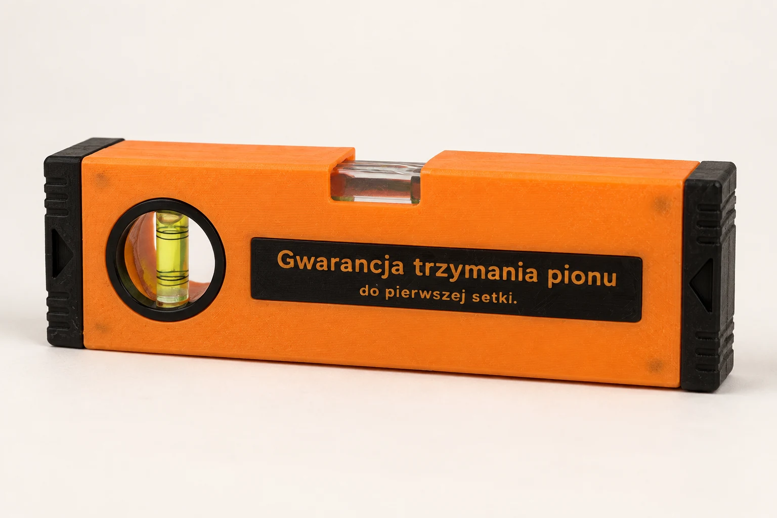 Pomarańczowa poziomica Trzymaj Pion z dedykacją — ujęcie opracowane z AI